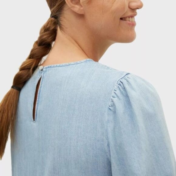 Mango Denim Tiered Smock Cotton Dress with Puff Sleeves in Blue Size 6 - Picture 8 of 11